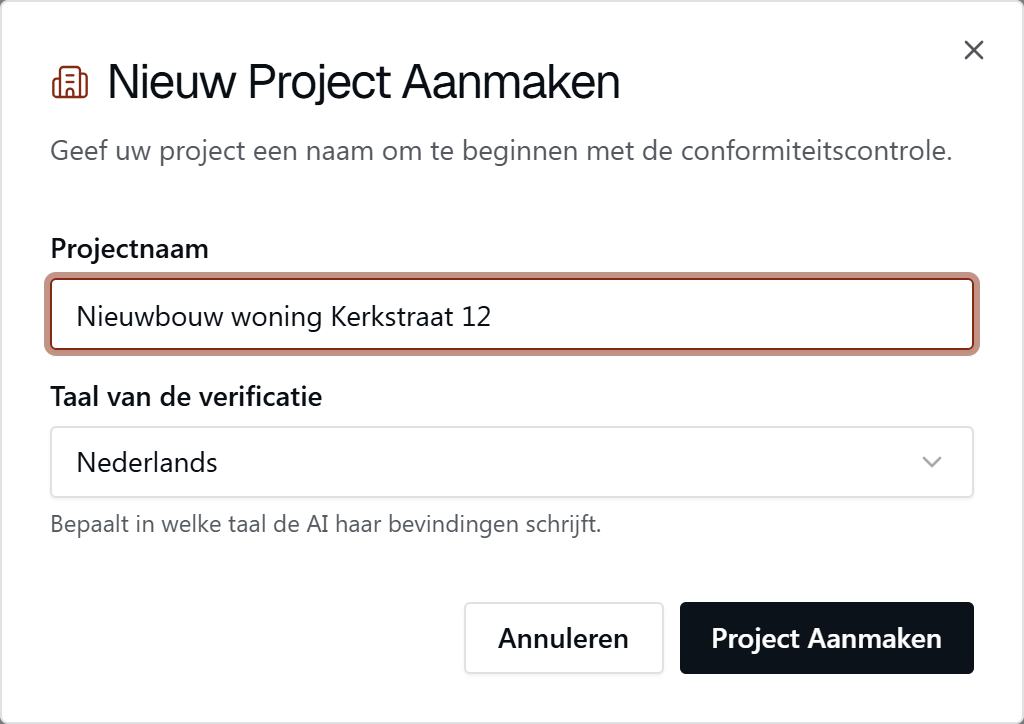 Dialoogvenster Nieuw Project Aanmaken